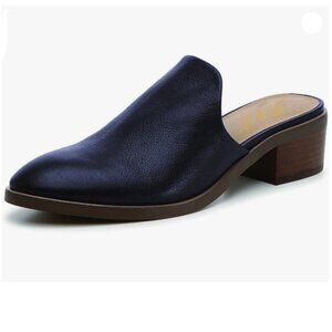 FOWT Women Round Closed Toe Mule Slip On Retro Loafer Low Chunky Block Heel Blue